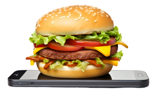 hamburger on a mobile phone on transparent background