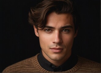 Obraz premium portrait of man in brown sweater on black background from AI Generative