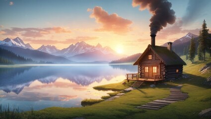 Fototapeta premium illustration photo of a wooden cottage on the edge of a beautiful lake made by AI generative