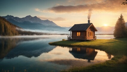 photo of a wooden hut by the lake against the background of mountains in the afternoon made by AI generative - Powered by Adobe