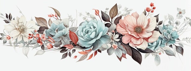 Floral watercolor composition, illustration, banner, design template for poster, greeting card, 8 march, mother day, birthday, space for text, space to copy - obrazy, fototapety, plakaty