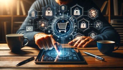 Fototapeta na wymiar Online Shopping and Digital Payment System Concept. pic showcasing a person's hand using a tablet with digital icons floating above, symbolizing online shopping and modern digital banking transaction