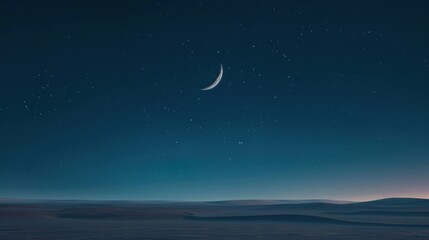 Fototapeta premium a view of the night sky with a half moon and a star in the middle of the night sky, with a few stars in the sky above the horizon.