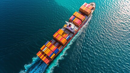 Aerial view of container cargo ship floating on the sea with beautiful scenic background