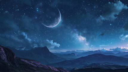  a painting of a night sky with a crescent and stars above a mountain range with a crescent in the foreground and a crescent in the middle of the night sky.
