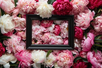 Real peony buds in different pastel shades with an empty frame in the center