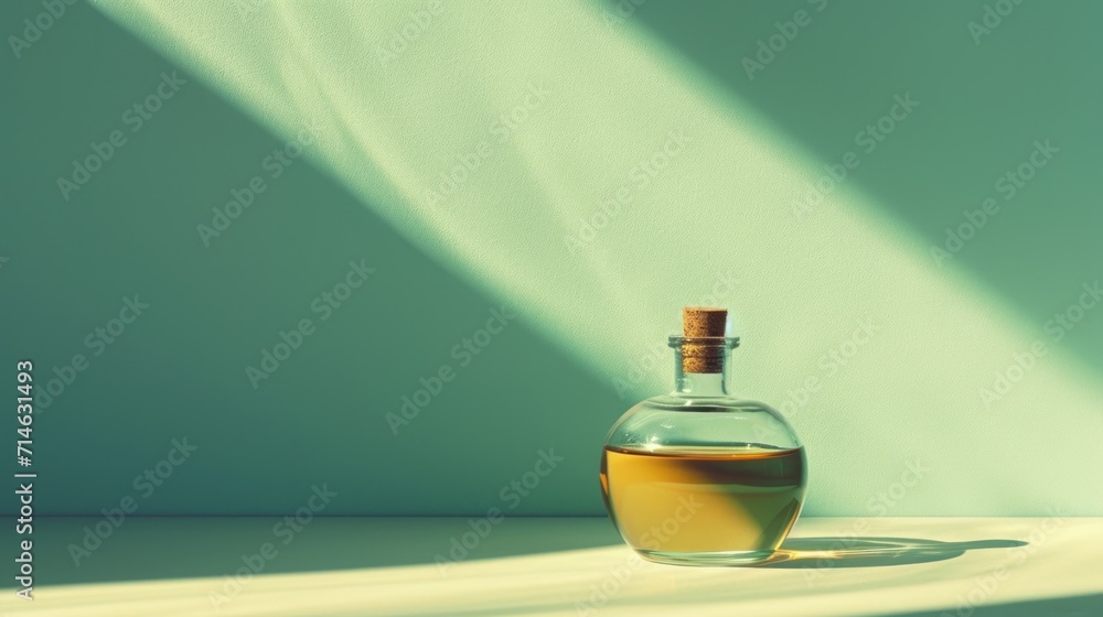 Poster a bottle of oil sitting on a table with a shadow cast on the wall behind it and a bottle of oil in t