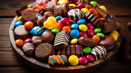 Poster Mouthwatering assortment of chocolate candies in captivating top view arrangement © Andrei