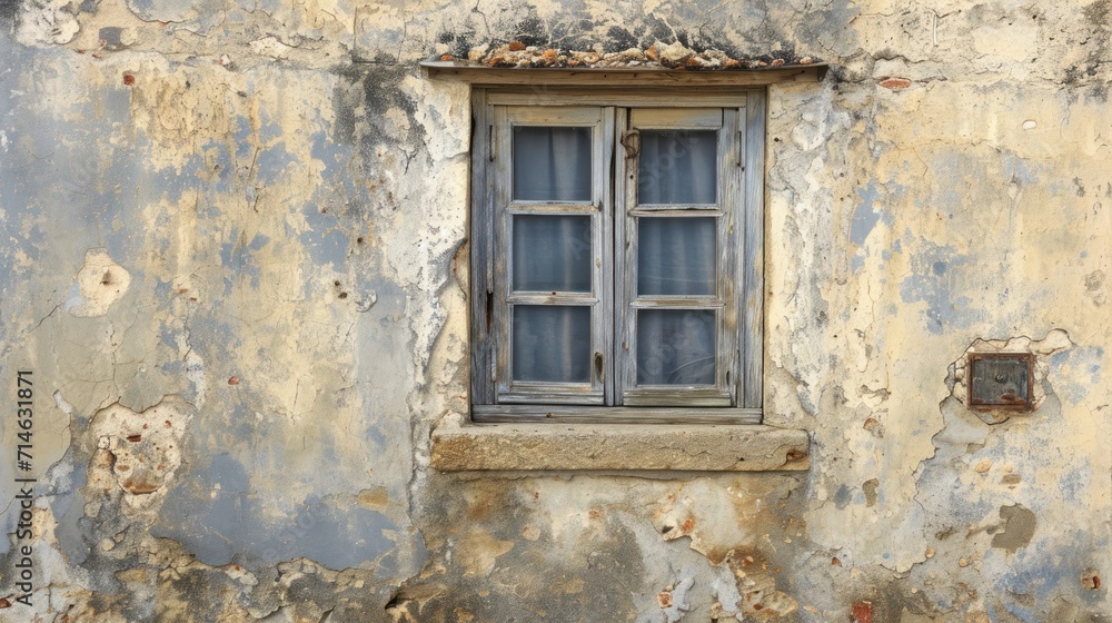 Poster an old building with peeling paint and a window with bars on the outside of the window and the insid