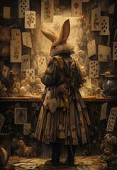 Whimsical Cat in Top Hat Playing Cards, Victorian Fantasy Illustration