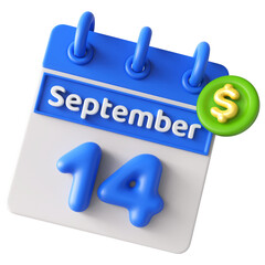 14th September Calendar Icon 3D Render With Dollar Icon , Calendar Icon 3D Illustration