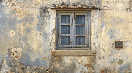  an old building with peeling paint and a window with bars on the outside of the window and the inside of the window with bars on the outside of the wall.