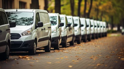 Foto op Canvas Row of white commercial delivery vans with copy space, transporting service company image © Andrei