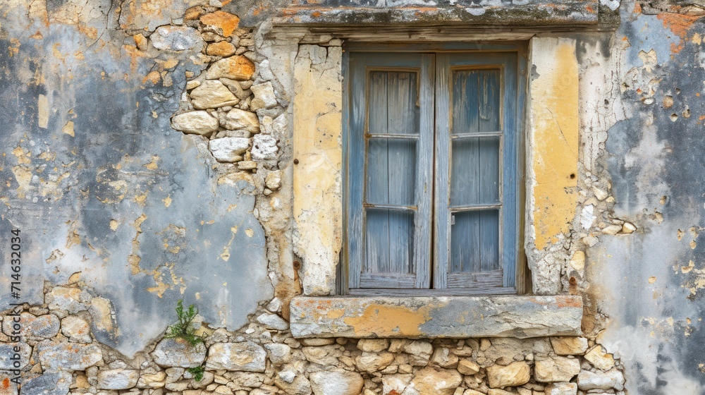 Poster an old building with a broken down window and peeling paint on the side of the building and a cat si
