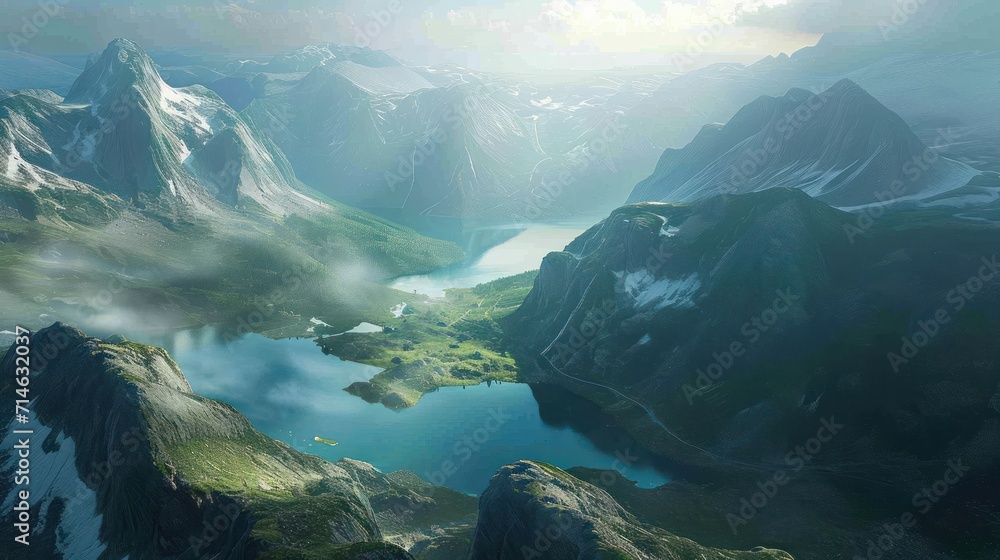 Poster an aerial view of a mountain range with a body of water in the foreground and a mountain range in th
