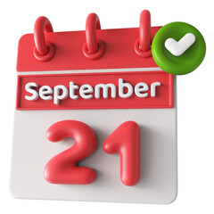 21st September Calendar Icon 3D Render With Checkmark Icon , Calendar Icon 3D Illustration