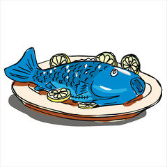 fried carp with lemon. Isolated vector illustration.Crucian on white plate with lemon and herbs. Food, seafood dish symbol. Fresh fish color sign with red fins game icon, cartoon food or web site desi