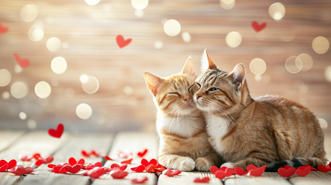 Two cats in love on an empty wooden background and heart-shaped confetti. Happy Valentine's Day or Valentine's Day greeting card. Free space for text