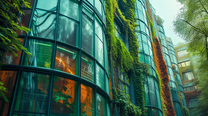 Sustainable Green Architecture in Contemporary Downtown, Futuristic Design, Innovative Materials, Creative Historical Facade Renovation, Addressing Climate Change Smart Vertical Garden