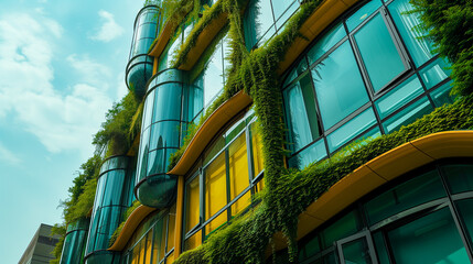 Sustainable Green Architecture in Contemporary Downtown, Futuristic Design, Innovative Materials, Creative Historical Facade Renovation, Addressing Climate Change Smart Vertical Garden