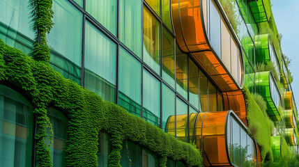Sustainable Green Architecture in Contemporary Downtown, Futuristic Design, Innovative Materials, Creative Historical Facade Renovation, Addressing Climate Change Smart Vertical Garden