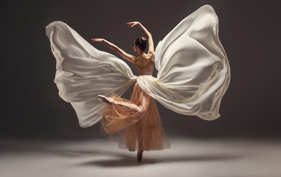 Ballerina. Young graceful woman ballet dancer, dressed in professional outfit, shoes and beige weightless skirt is demonstrating dancing skill. Beauty of classic ballet.