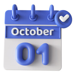 1st October Calendar Icon 3D Render With Checkmark Icon , Calendar Icon 3D Illustration