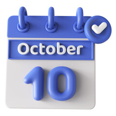 10th October Calendar Icon 3D Render With Checkmark Icon , Calendar Icon 3D Illustration