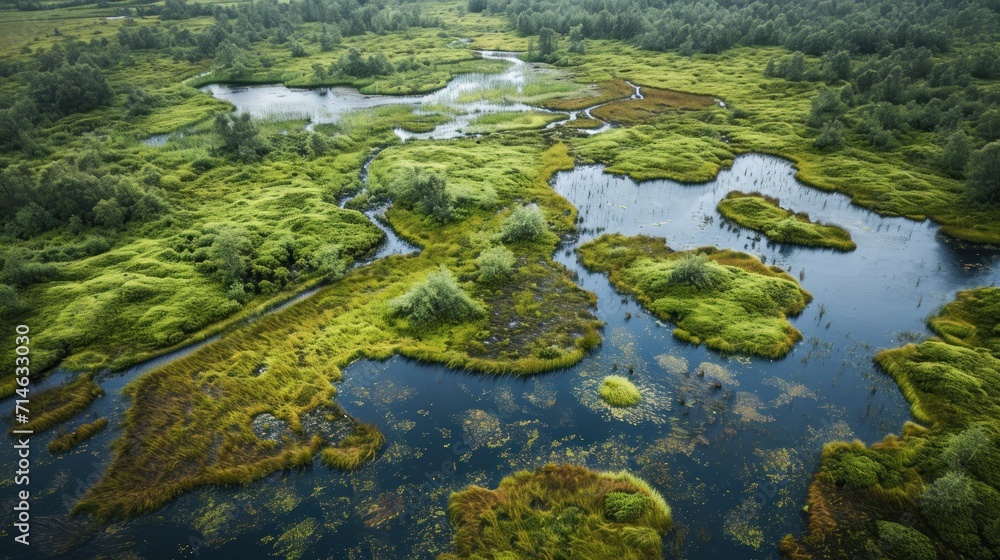 Poster an aerial view of a river running through a lush green field with lots of trees and grass on both si
