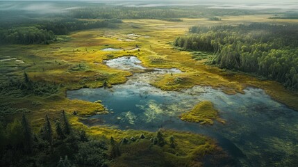  an aerial view of a swampy area with a river running through the center of the area, surrounded by tall, green trees and foggy, low lying clouds.