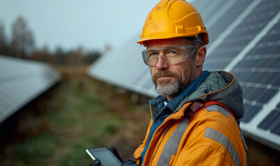 Engineer holding a tablet in front of solar. A man in safety gear, including a hard hat, standing on a construction site.