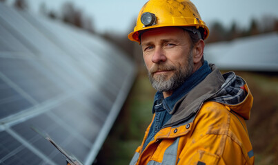 Engineer holding a tablet in front of solar. A man wearing a hard hat holds a solar panel against a backdrop of a construction site. - obrazy, fototapety, plakaty