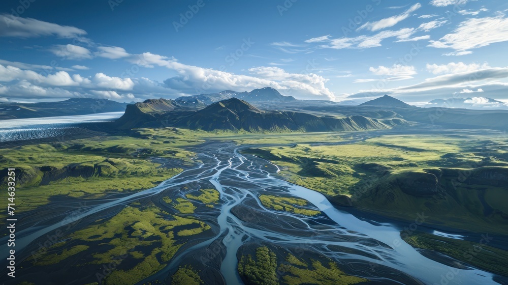Poster an aerial view of a river running through a lush green valley under a blue sky with white clouds and