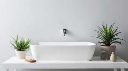 Fototapeta na wymiar Modern bathroom interior with white sink and sleek faucet, exuding minimalist elegance