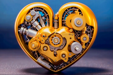 A mechanical heart with intricate gears and cogs, showcasing a blend of emotion and machinery, set against a blue backdrop