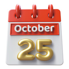 25th October Calendar Icon 3D Render , Calendar Icon 3D Illustration