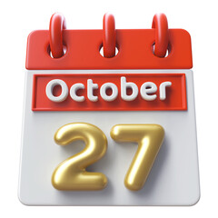 27th October Calendar Icon 3D Render , Calendar Icon 3D Illustration