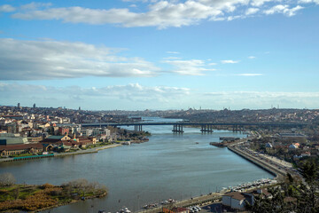 View of Golden Horn seen from Pierre Loti Hill in Eyup district in Istanbul, Turkey.