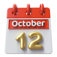 12th October Calendar Icon 3D Render , Calendar Icon 3D Illustration