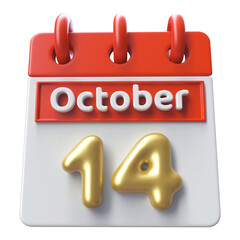 14th October Calendar Icon 3D Render , Calendar Icon 3D Illustration