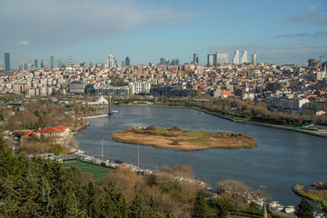 Fototapeta na wymiar View of Golden Horn seen from Pierre Loti Hill in Eyup district in Istanbul, Turkey.