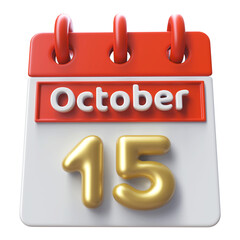 15th October Calendar Icon 3D Render , Calendar Icon 3D Illustration