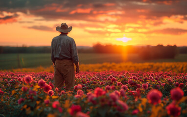 Fototapeta premium Man Standing in Field of Flowers at Sunset During Golden Hour