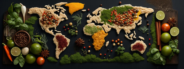 Dried spices in world map shape - obrazy, fototapety, plakaty