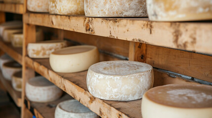 fresh cheese on the shelves of the warehouse - obrazy, fototapety, plakaty