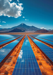 Rows of Solar Panels With Mountains in the Background