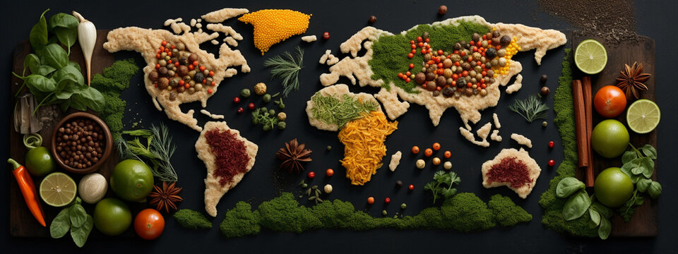 Fototapeta Dried spices in world map shape