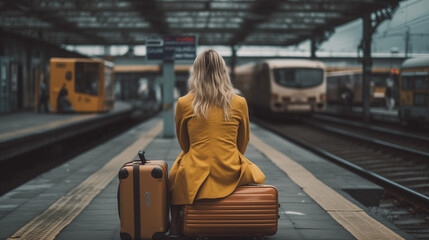 Fototapeta na wymiar A wo,am is waiting for the train, back shot a woman sitting on a suitcase on a railway station, waiting day holiday