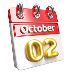 2nd October Calendar Icon 3D Render , Calendar Icon 3D Illustration