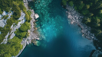  an aerial view of a body of water with rocks and trees around it, surrounded by rocks and greenery, and surrounded by blue water surrounded by rocks and greenery.